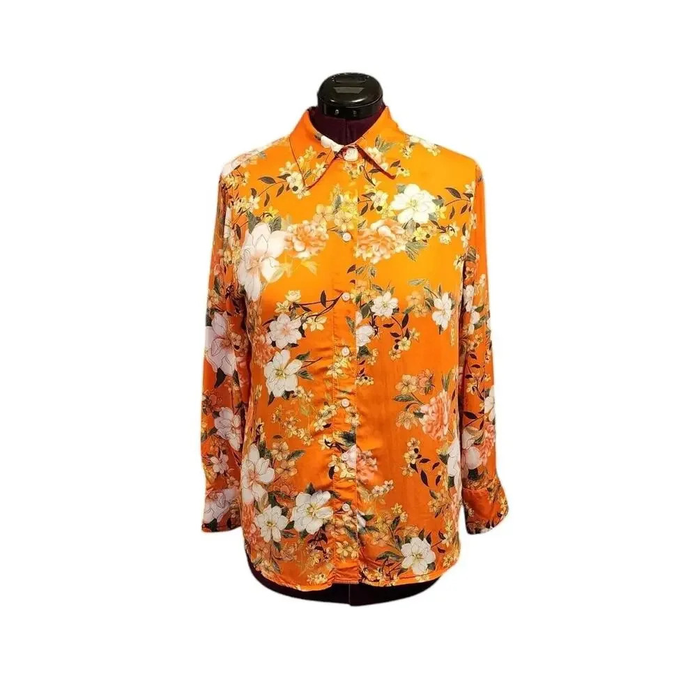 Chico's Satin Floral Blouse Top Size 2 US 12/14 Orange Button Up Long Sleeve